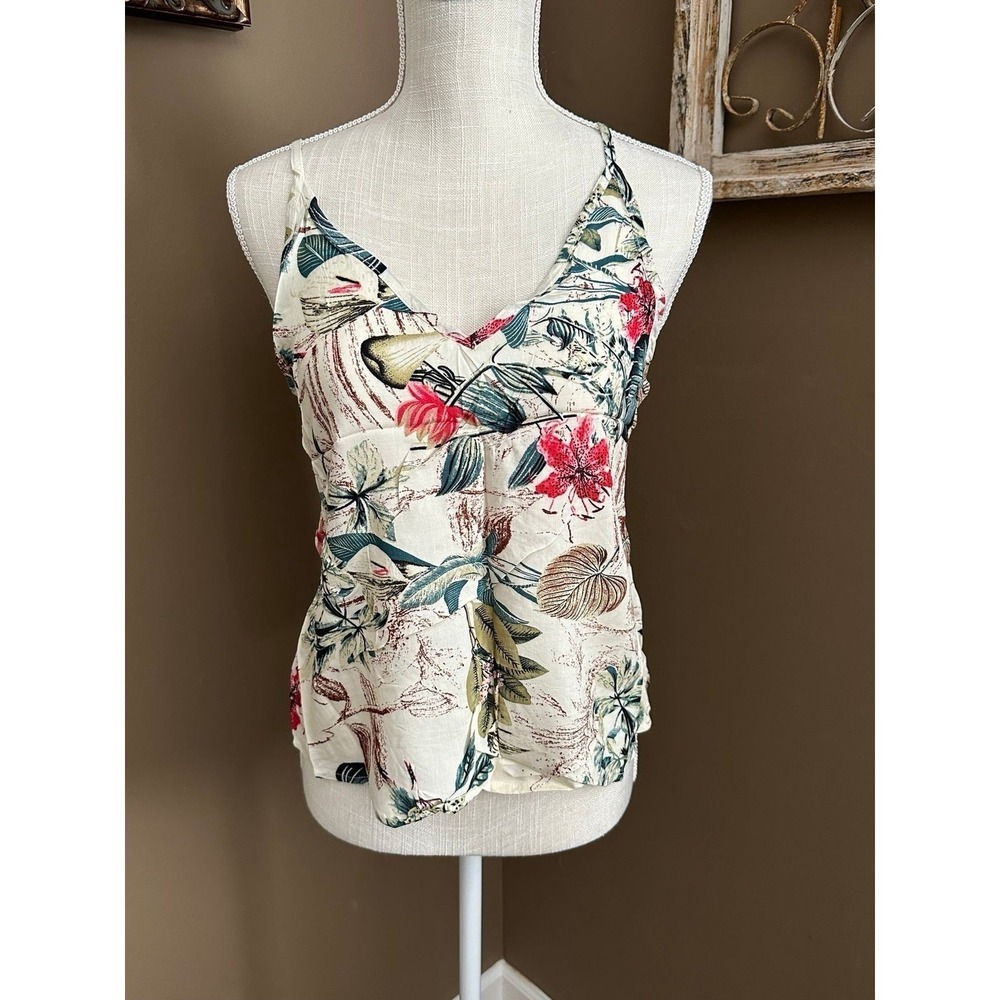 SHEIN Women Tropical Floral Print Cami Top V-Neck Adjustable Strap Cream Small